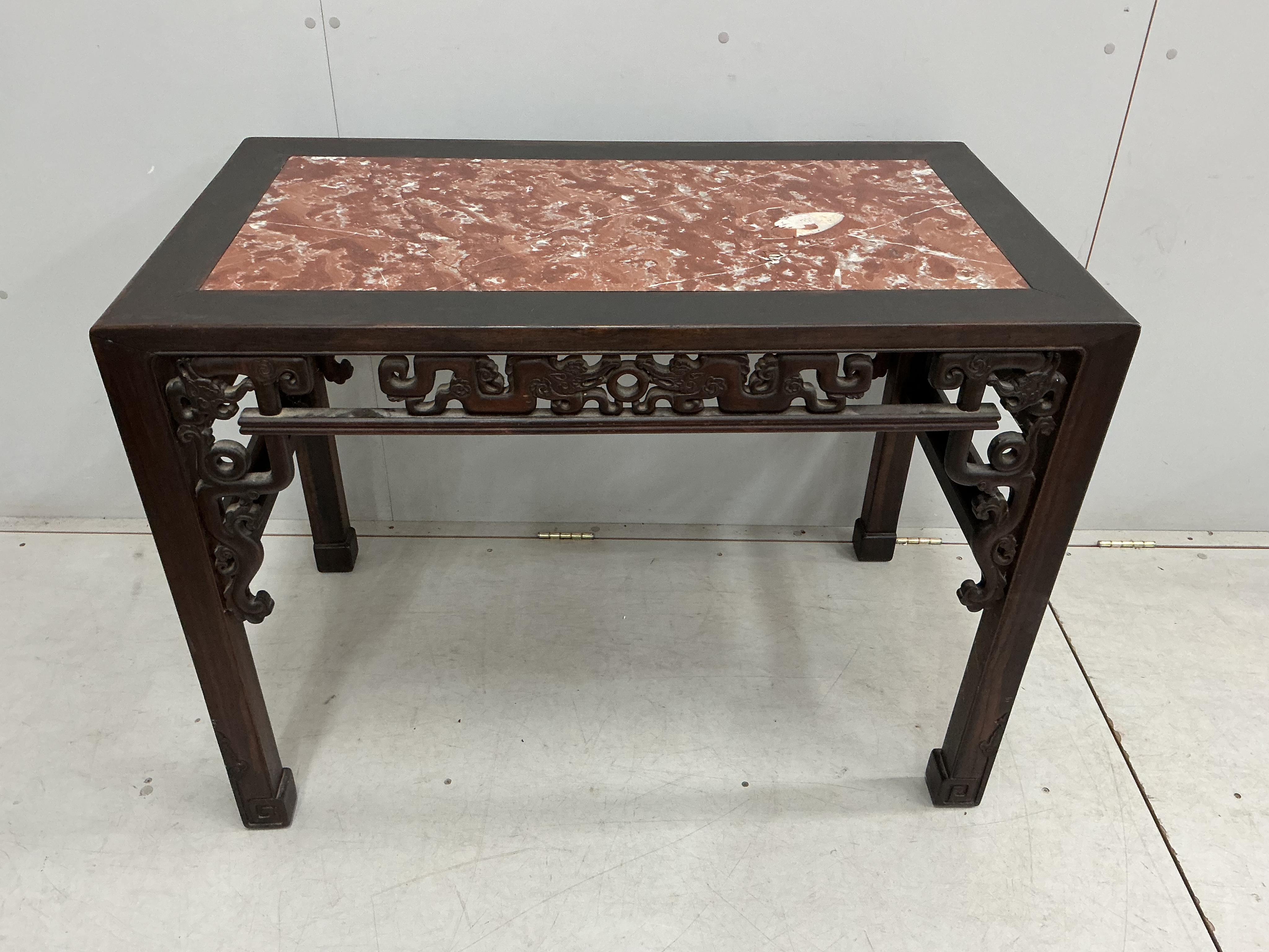 A late 19th / early 20th century Chinese rectangular marble topped hongmu table, width 106cm, depth 60cm, height 76cm